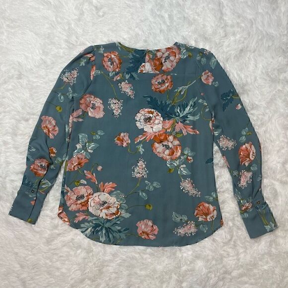 LOFT Floral Top Blouse Blue Green Long Sleeve Size XS Feminine Office Career - Picture 9 of 10